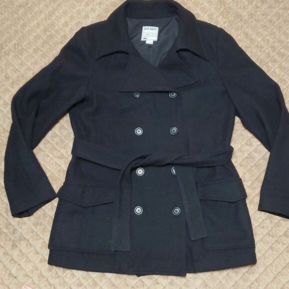 Old Navy Black Wool Blend Double Breasted belted Pea Coat Dress Jacket Size L - Picture 1 of 7